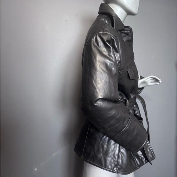 Vintage Black/Brown Leather Tie-Waist Coat - Picture 6 of 9